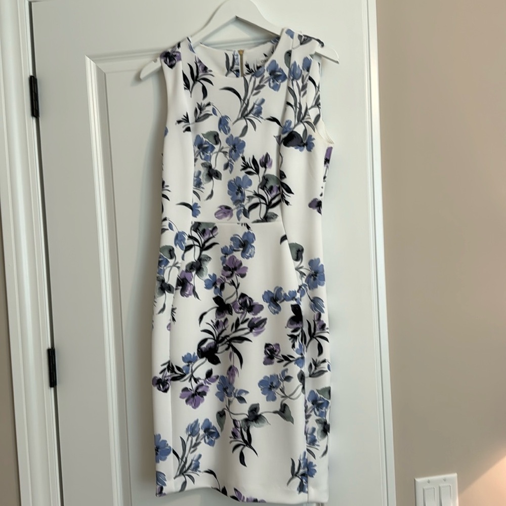 Calvin Klein White Dress with Lavender and Blue Flowers size 10